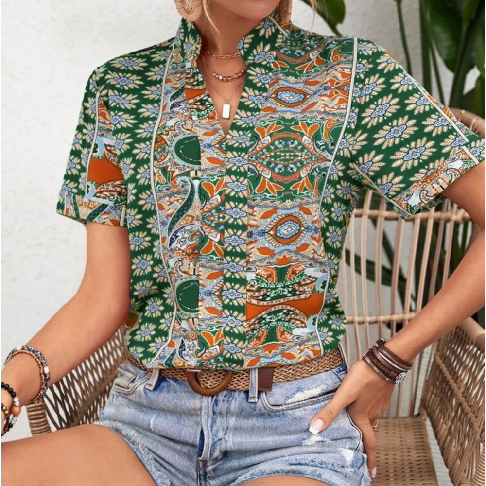 Boho Floral Paisley Print Top Blouse Shirt Green - Picture 4 of 16